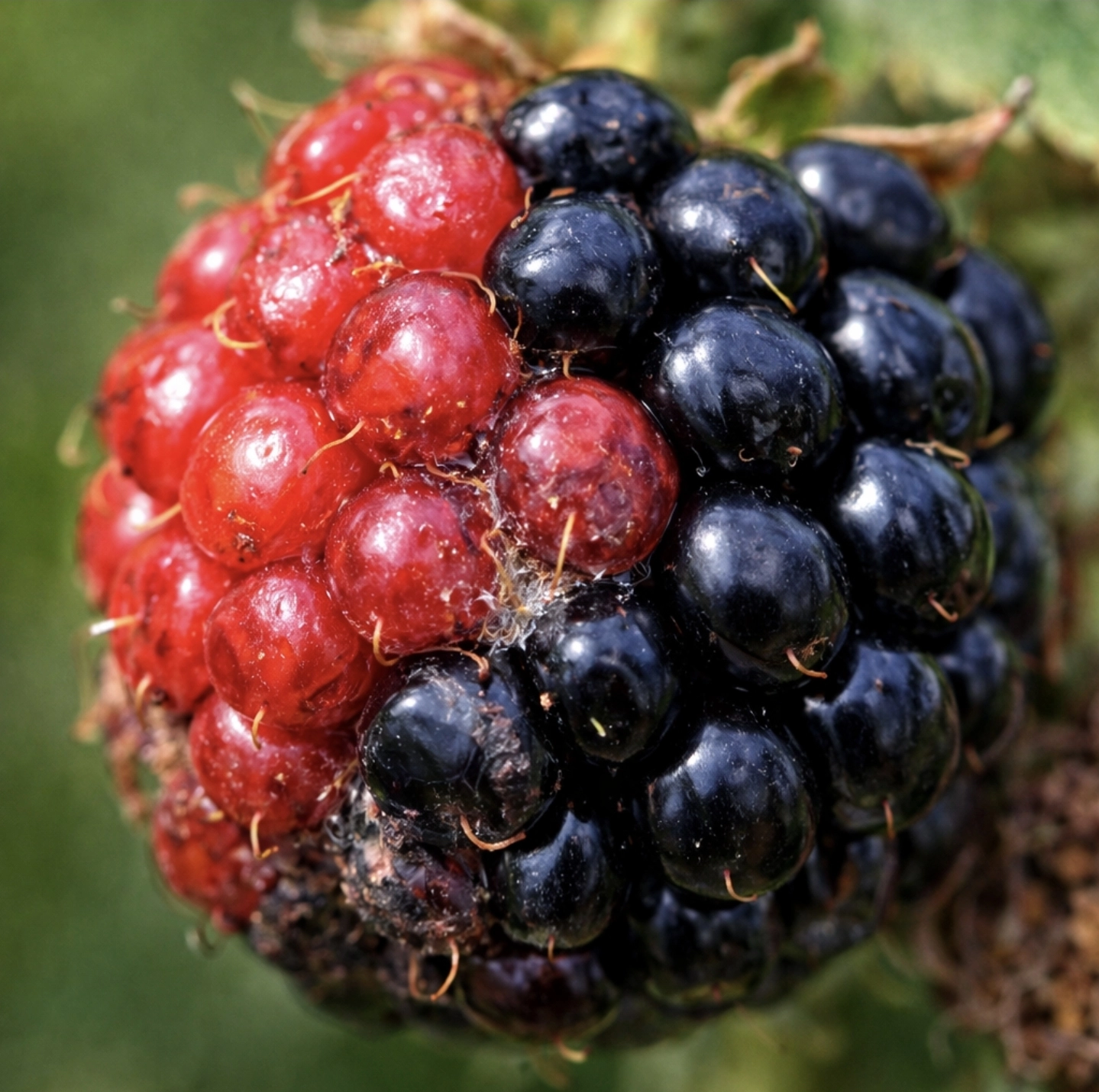 fotografie ostružiny s&nbsp;červenými a&nbsp;černými peckovičkami způsobenými vlnovníkem ostružiníkovým, detail struktury plodu