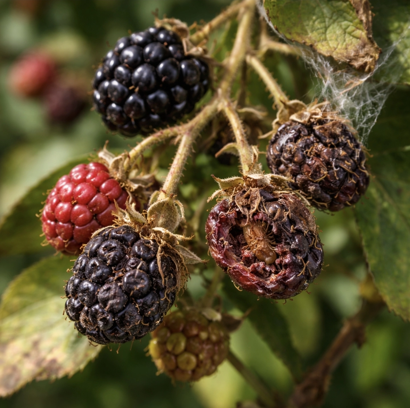 fotografie zasychajících ostružin na&nbsp;keři, část plodů seschlá a&nbsp;deformovaná