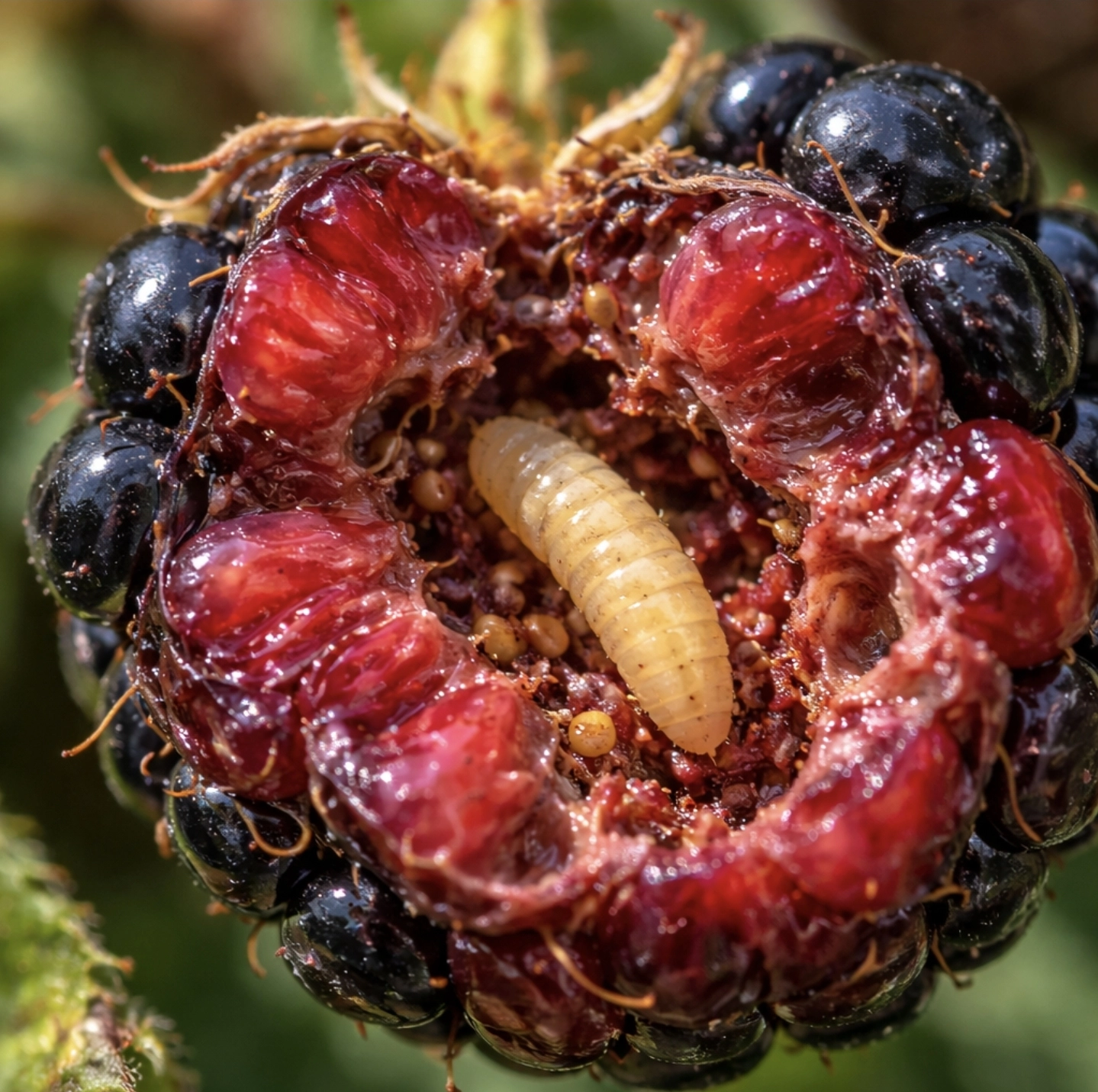 fotografie rozříznuté ostružiny s&nbsp;larvou bejlomorky uvnitř plodu, velmi detailní struktura plodu