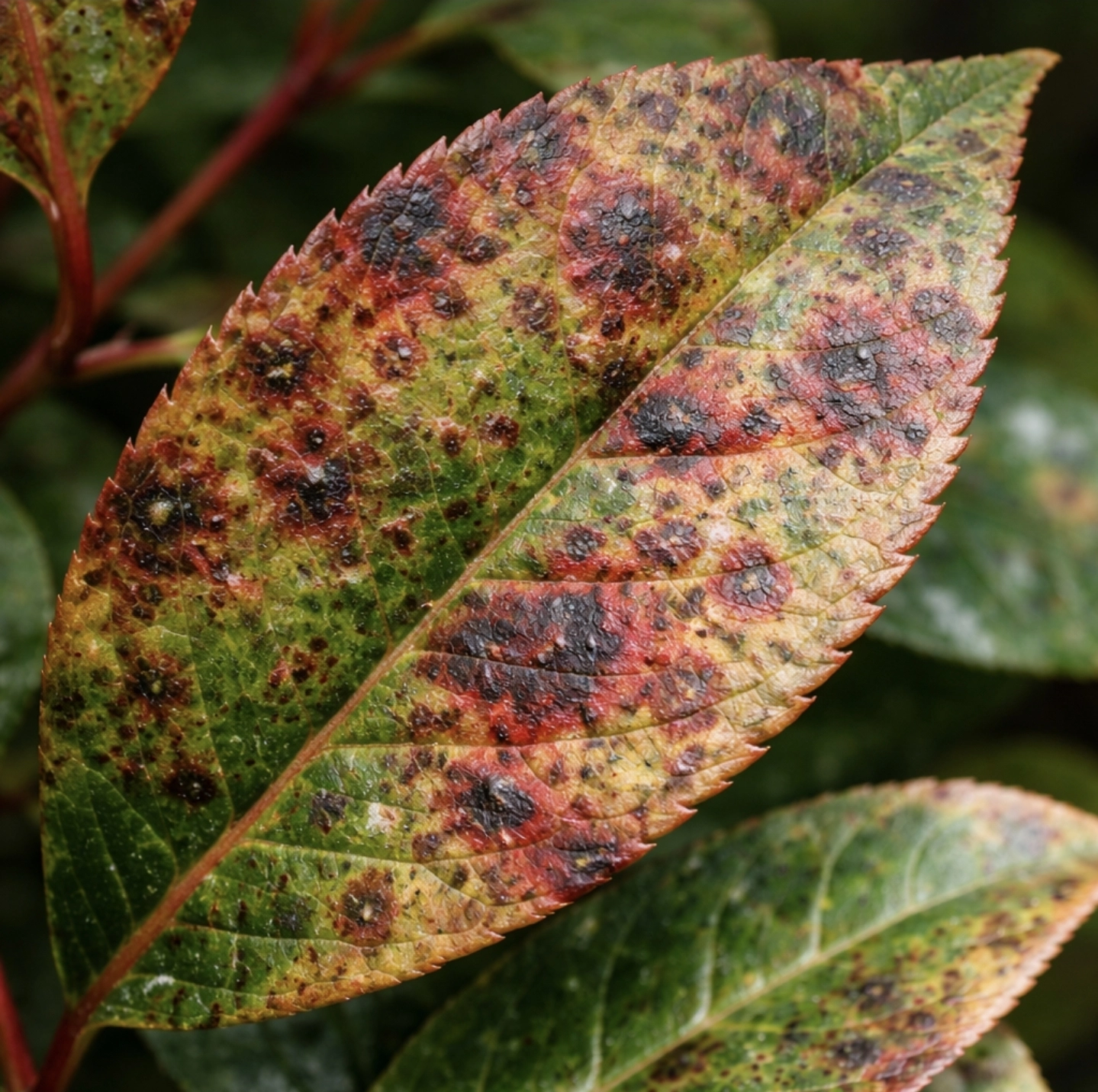 Fotografie listu blýskavky Photinia s&nbsp;červenými a&nbsp;tmavými skvrnami způsobenými houbovou chorobou, detail listové struktury.