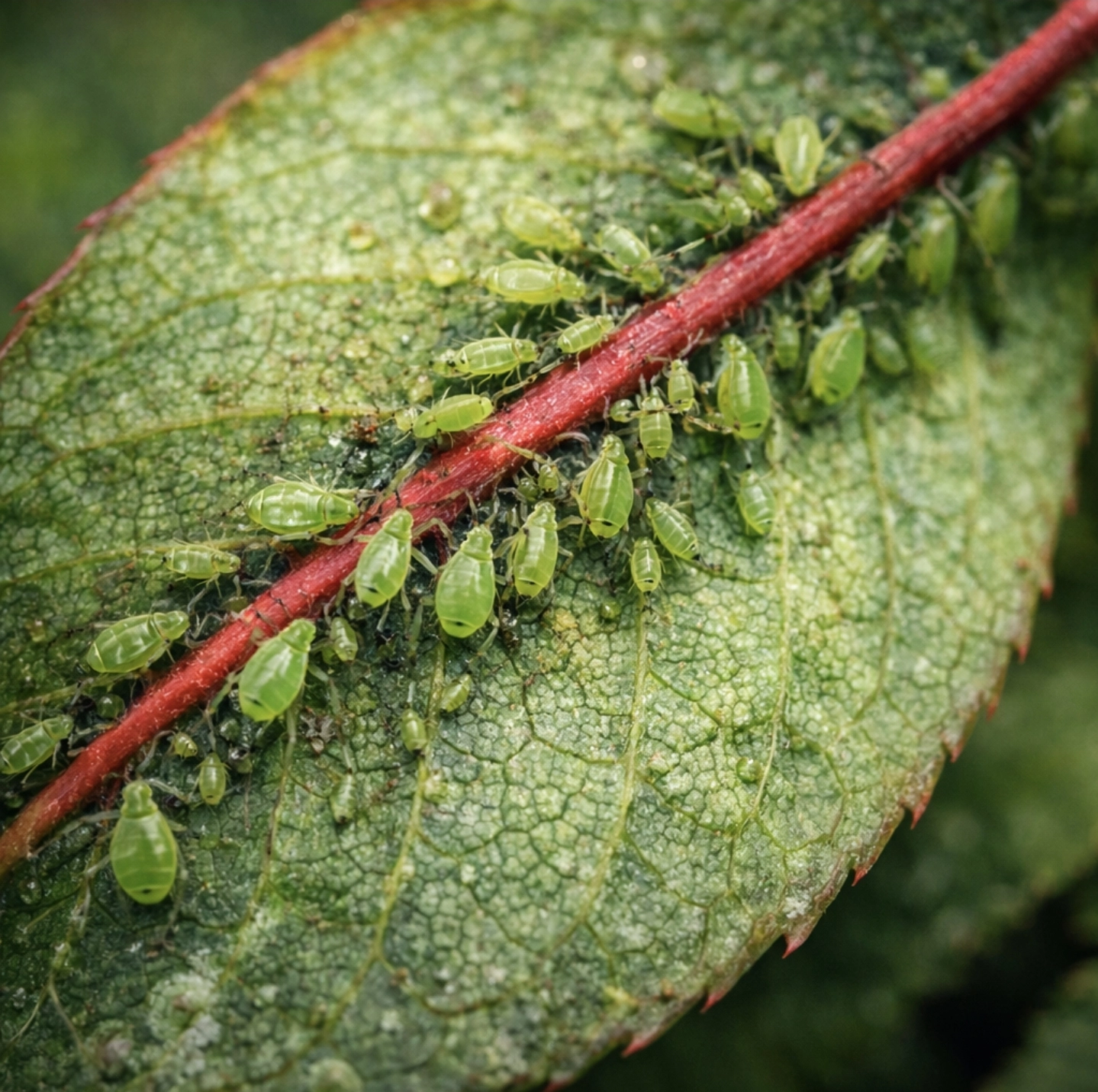 Fotografie listu blýskavky Photinia napadeného mšicemi, drobný zelený hmyz na&nbsp;spodní straně listu.