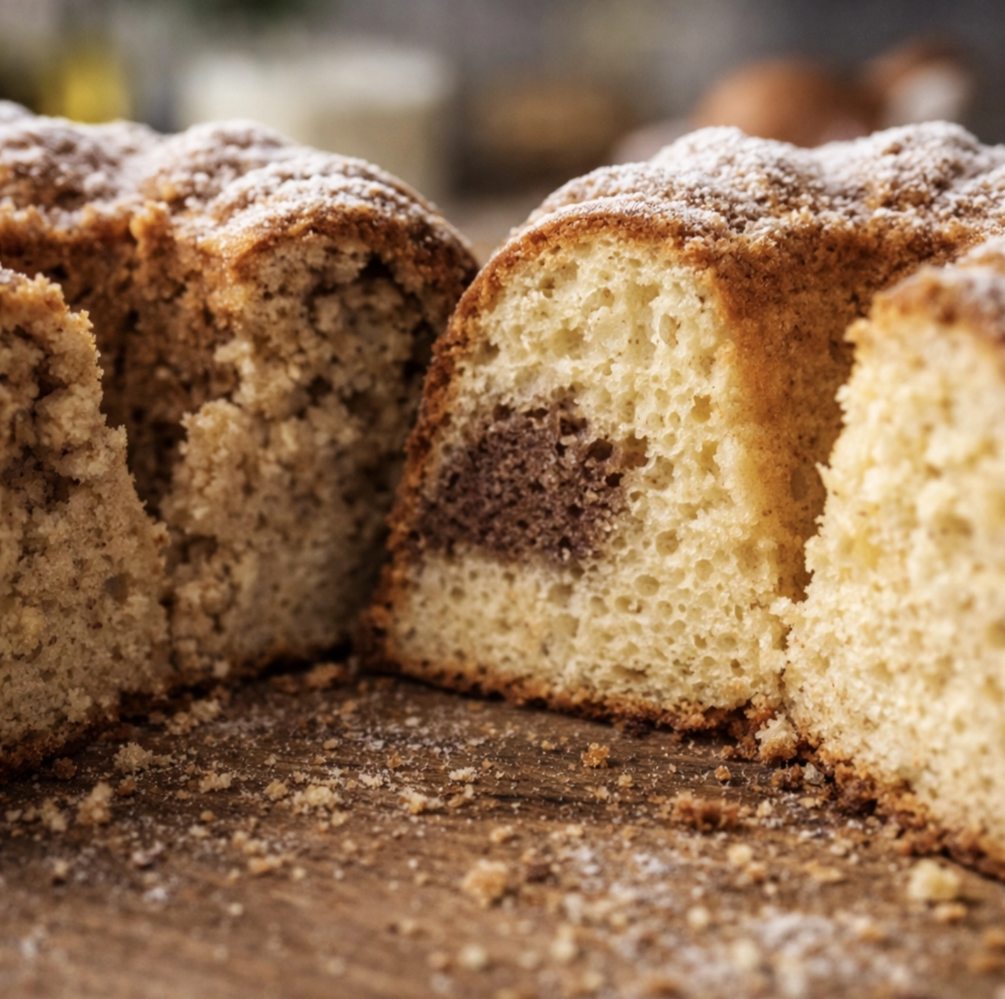 detail řezu dvou bábovek – jedna hutná a&nbsp;suchá s&nbsp;drobivou strukturou, druhá vláčná s&nbsp;jemnou pórovitou strukturou
