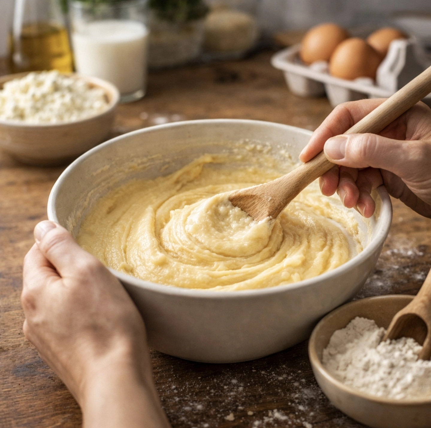 proces přípravy těsta na&nbsp;bábovku – mísa s&nbsp;hladkým těstem, ruční míchání vařečkou
