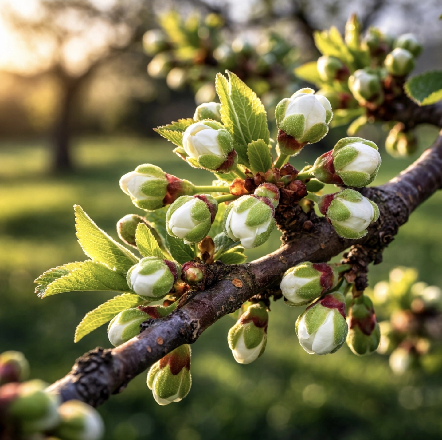 fotografie pupenů slivoně těsně před&nbsp;rozkvětem, jemně zelené pupeny s&nbsp;nádechem bílé, detailní textura větvičky