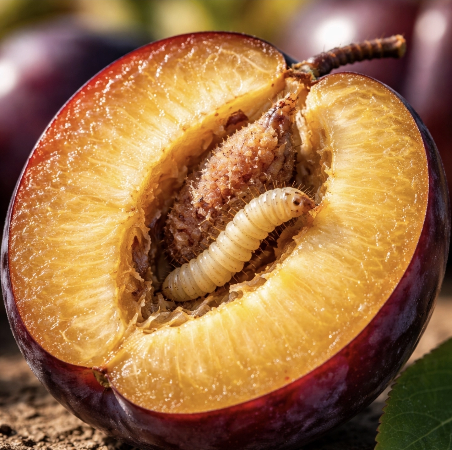 fotografie rozkrojené zralé švestky, uvnitř viditelná larva, detailní struktura dužiny