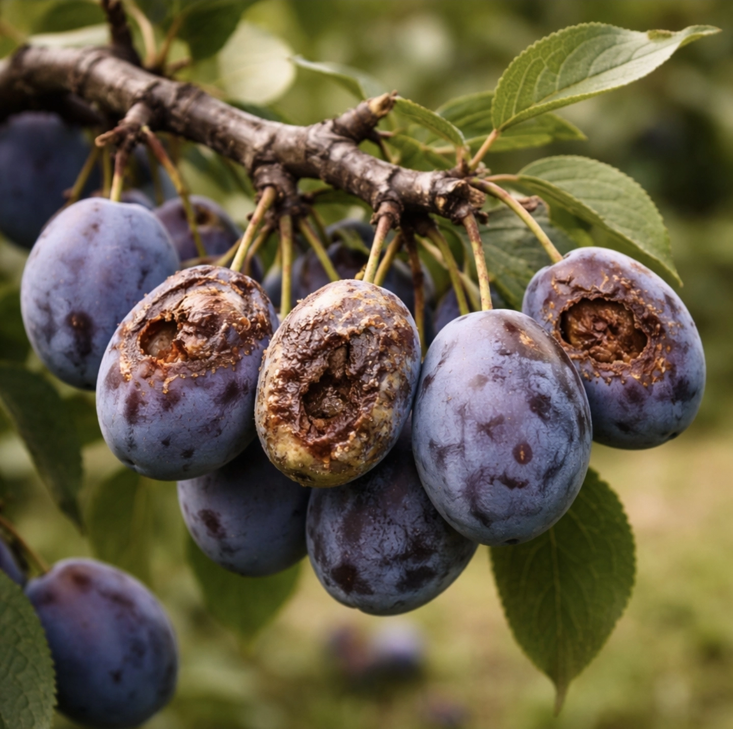 fotografie slivoně s&nbsp;napadenými plody, viditelné poškozené a&nbsp;opadávající švestky