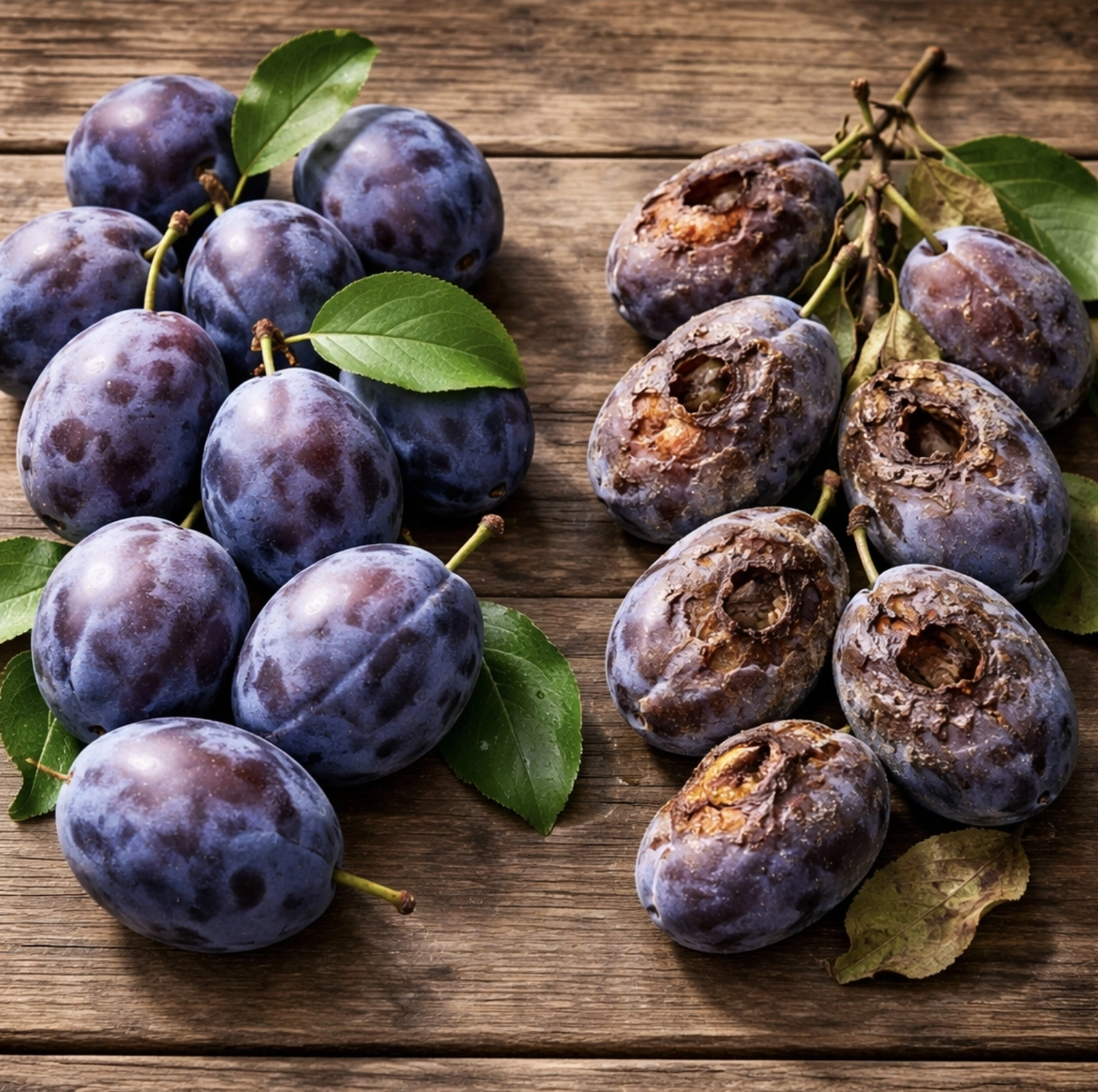 fotografie dvou skupin švestek na&nbsp;stole, jedna skupina zdravé plody, druhá napadené s&nbsp;viditelnými vadami