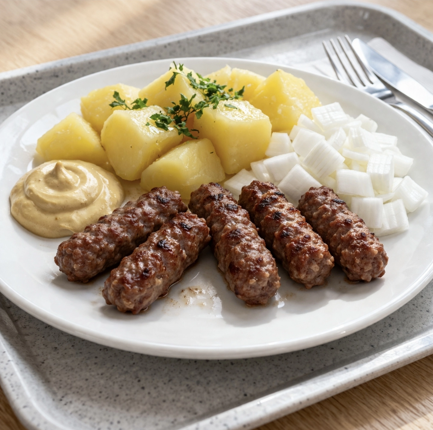 talíř s&nbsp;čevabčiči, hořčice, nakrájená cibule, vařené brambory, servírování jako ve&nbsp;školní jídelně