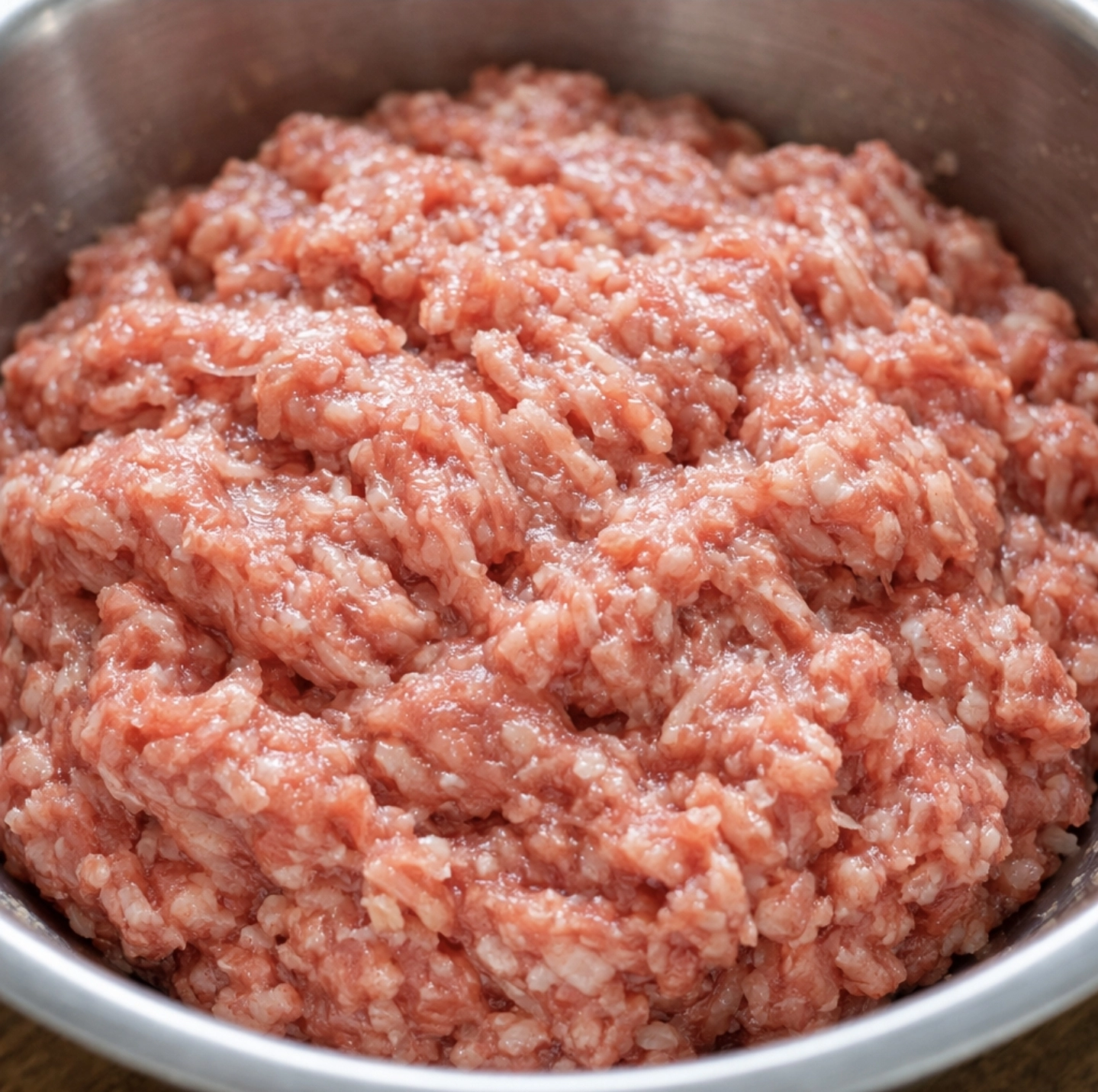 detail syrové mleté masové směsi v&nbsp;nerezové míse, textura masa je viditelně lepivá a&nbsp;vláčná, jemná vlákna masa propojená