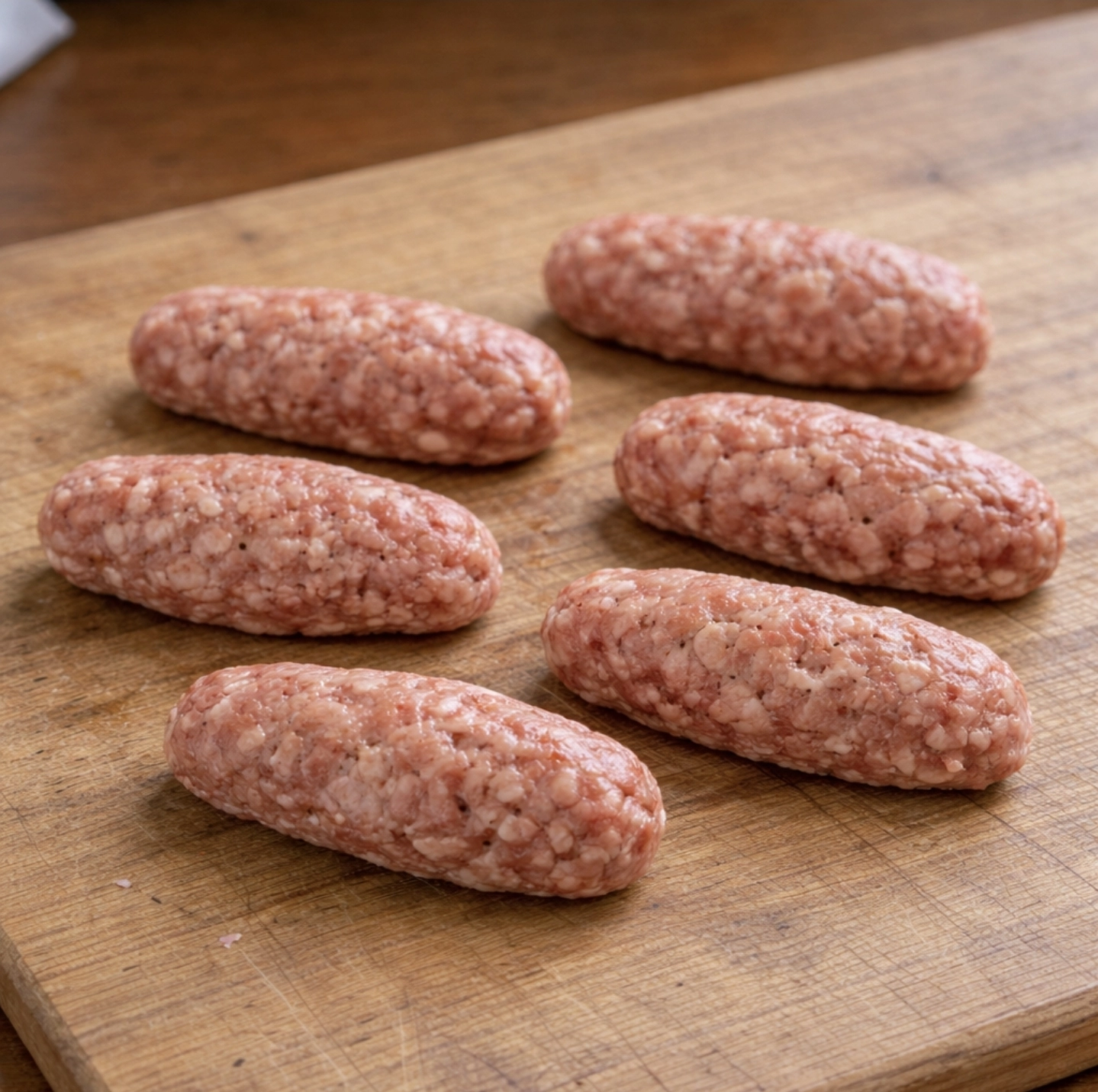 válečky čevabčiči z&nbsp;mletého masa na&nbsp;dřevěném prkénku, směs je kompaktní a&nbsp;drží tvar