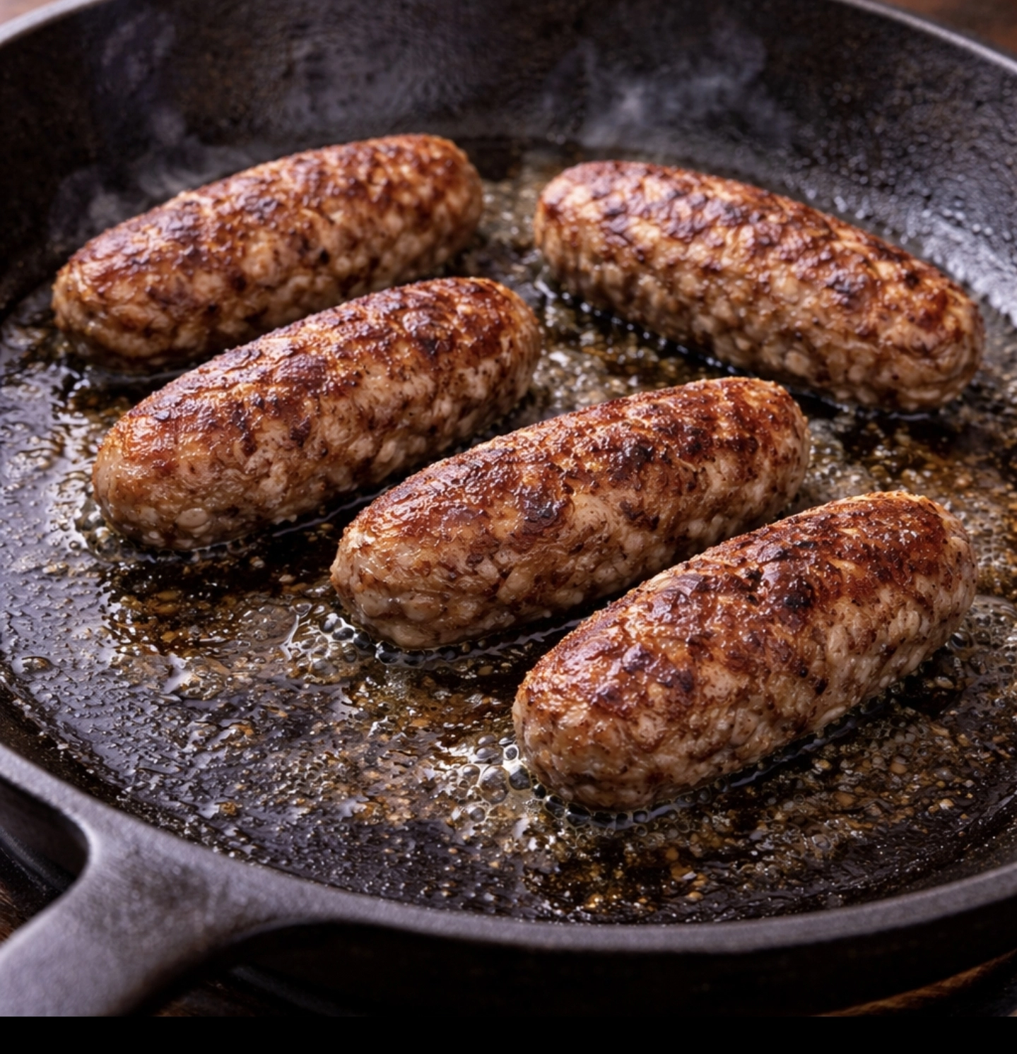 čevabčiči opékající se&nbsp;na litinové pánvi, zlatavá kůrka, jemný kouř