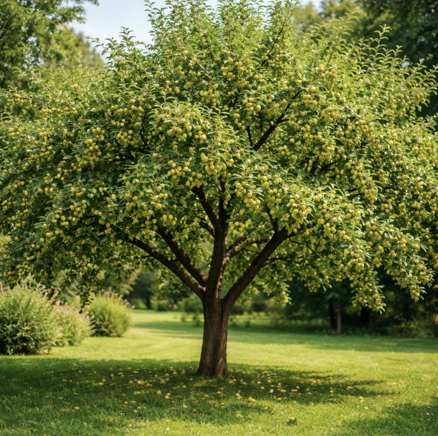 plně vzrostlý strom ryngle Wazonova obsypaný zelenožlutými plody