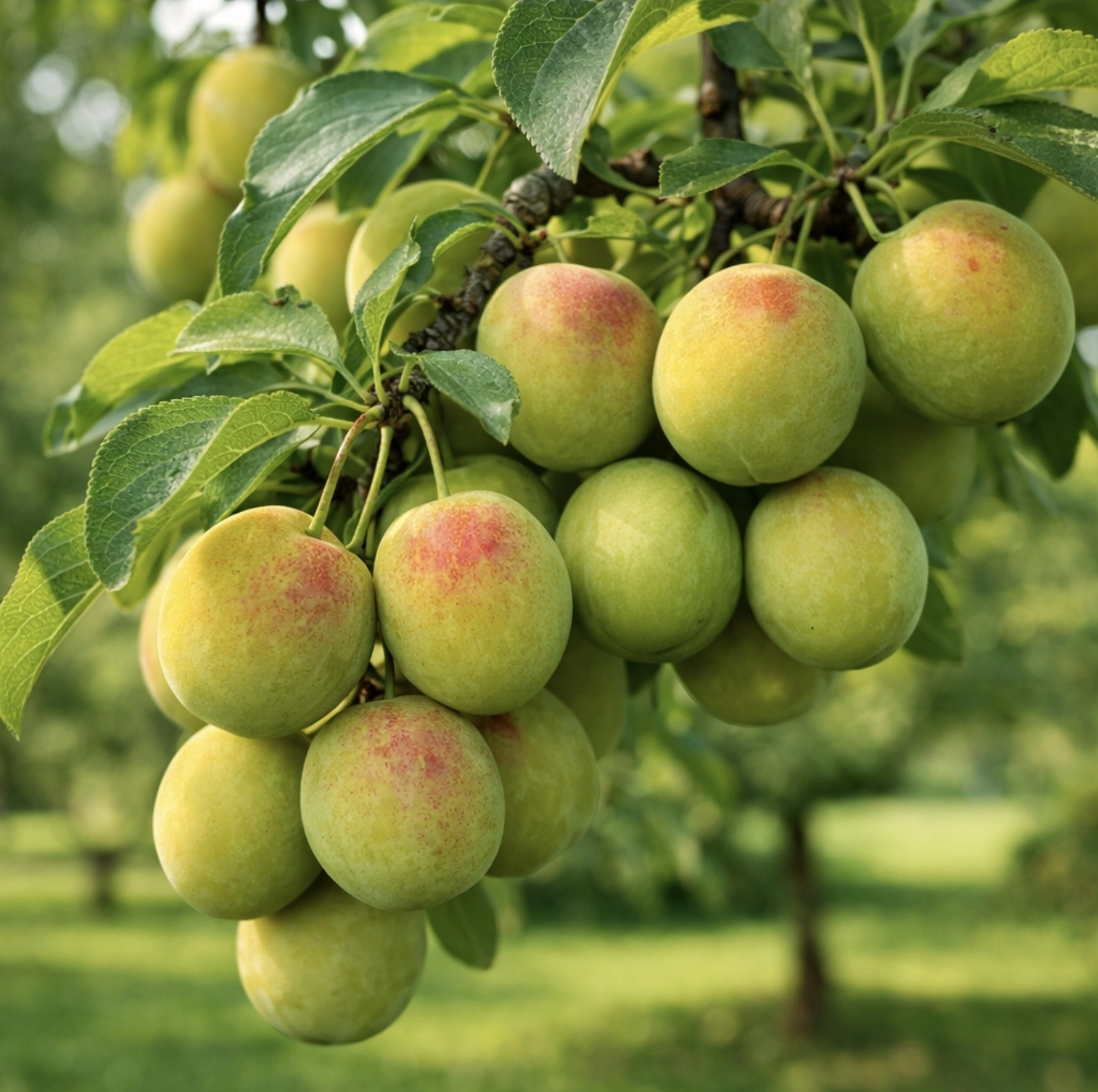 detail žlutozelených plodů ryngle Wazonova na&nbsp;větvi, lehké červené líčko na&nbsp;osluněné straně