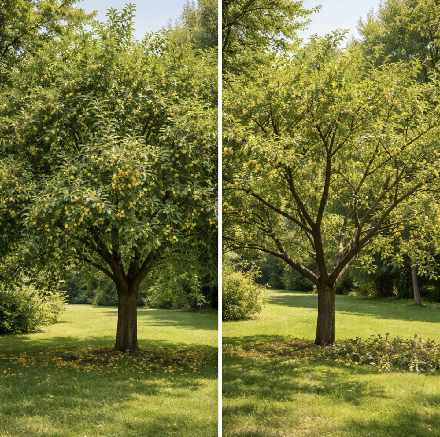 porovnání koruny ryngle Wazonova před&nbsp;a po&nbsp;řezu, levá část hustá a&nbsp;neudržovaná, pravá část prosvětlená a&nbsp;správně tvarovaná