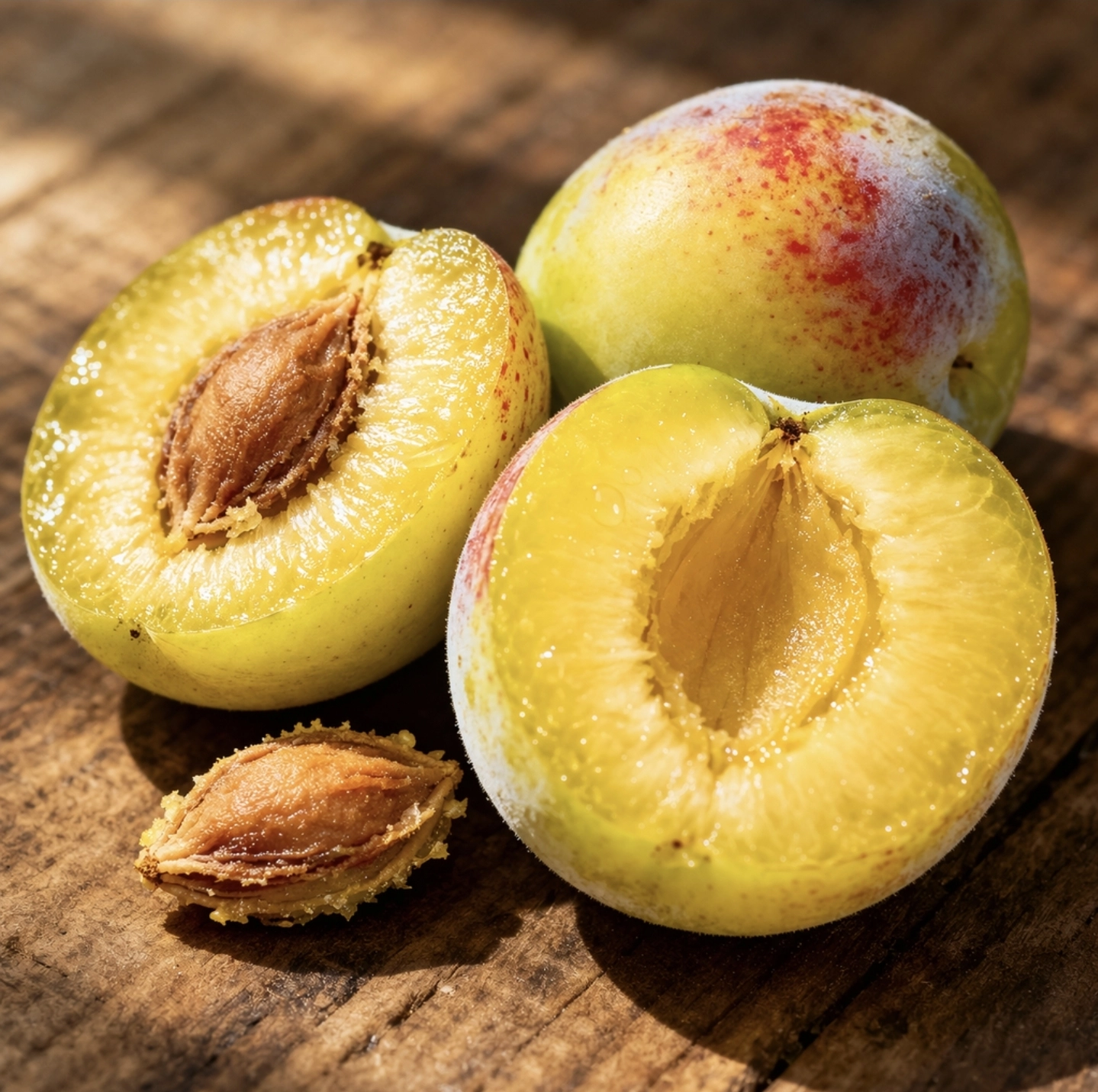 detail rozkrojené ryngle Wazonova na&nbsp;dřevěném stole, žlutá šťavnatá dužnina, oddělená pecka