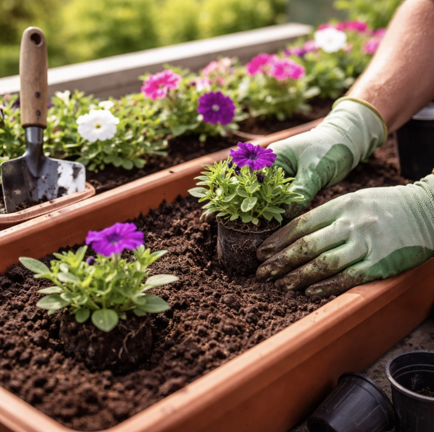 výsadba petúnií do&nbsp;truhlíku rozestupy 10&nbsp;cm