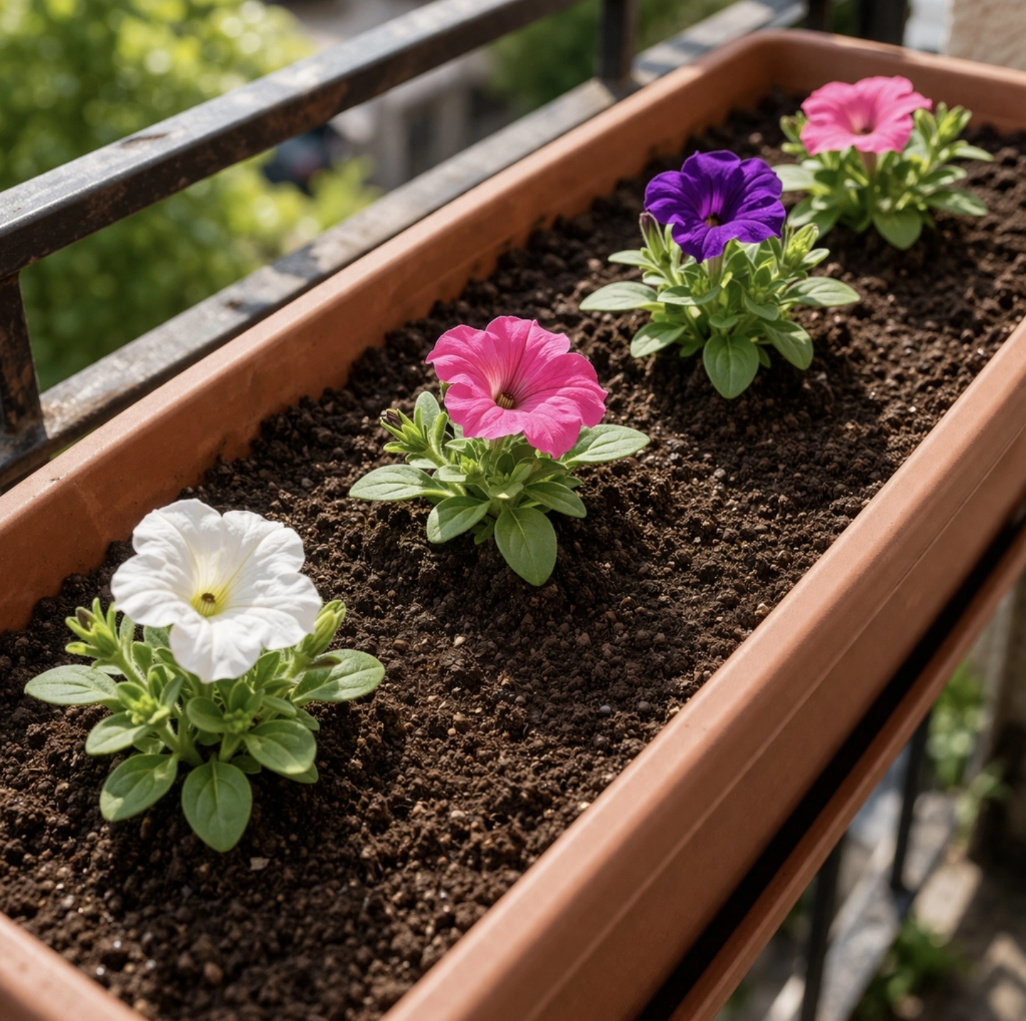 detailní pohled na&nbsp;balkonový truhlík s&nbsp;mladými petúniemi vysazenými v&nbsp;pravidelných rozestupech cca 10–15&nbsp;cm, viditelná mezera mezi rostlinami, zdravé zelené listy, čerstvý substrát