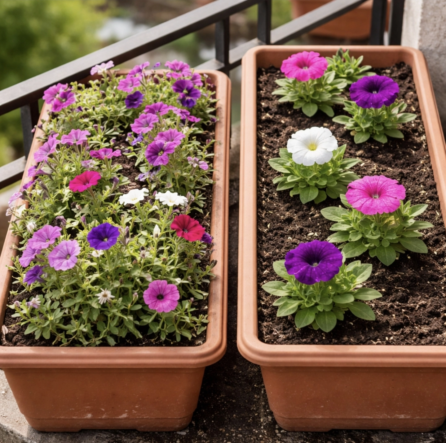 hustá vs řídká výsadba petúnií srovnání