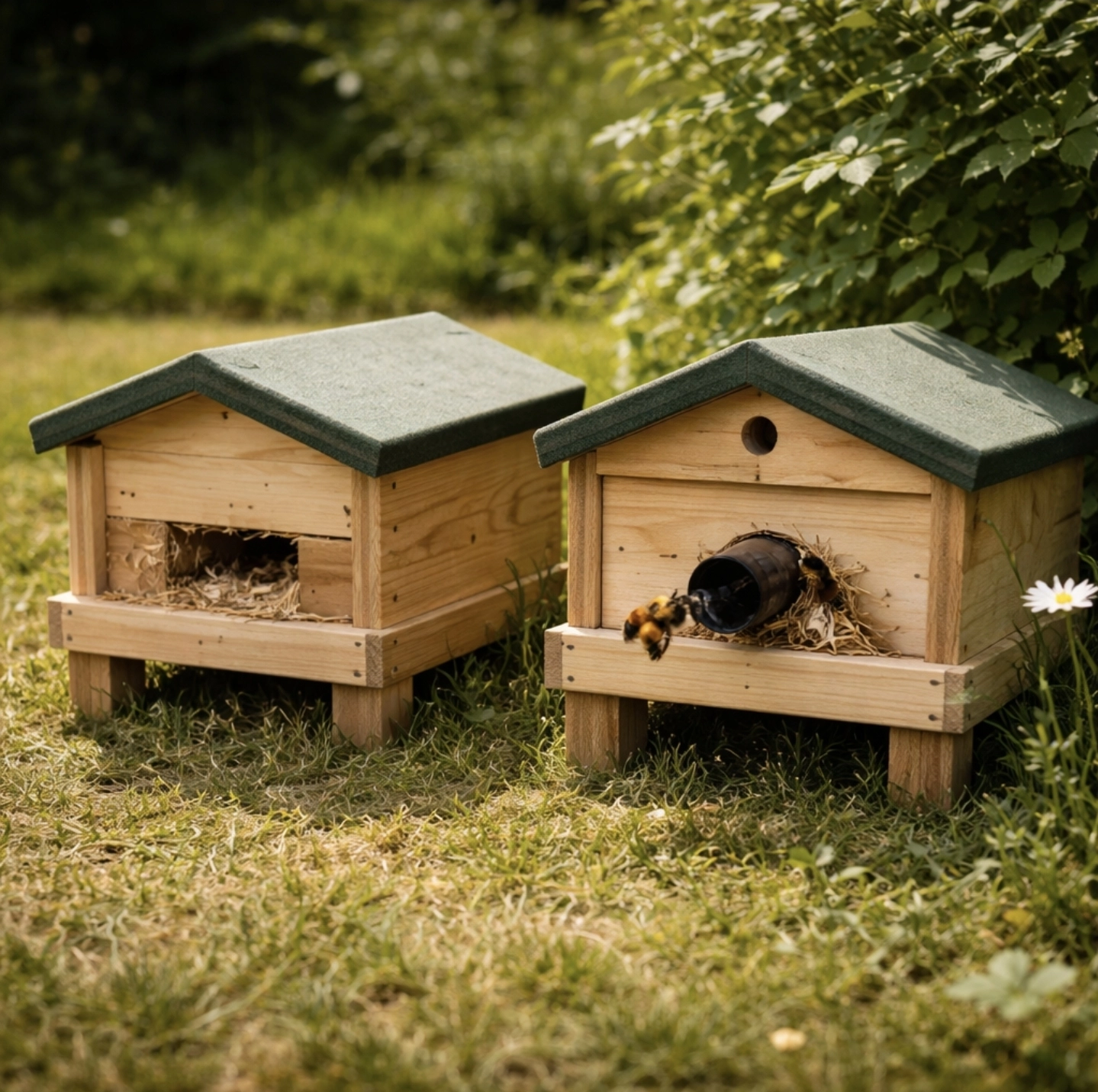 dva čmelíny vedle sebe, jeden špatně konstruovaný bez aktivity, druhý správný s&nbsp;viditelným vstupem a&nbsp;aktivitou čmeláků