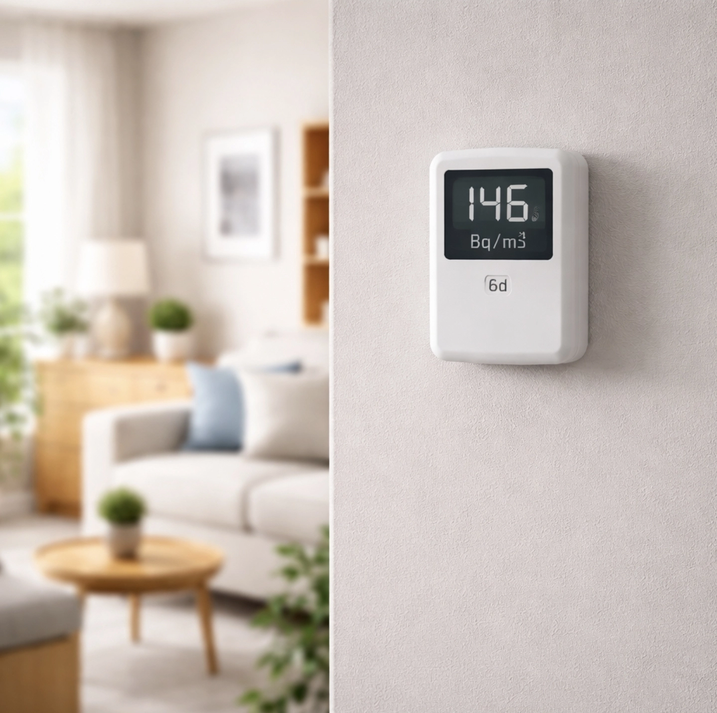 detektor radonu umístěný cca 1–1,5&nbsp;m v&nbsp;interiéru nad&nbsp;zemí