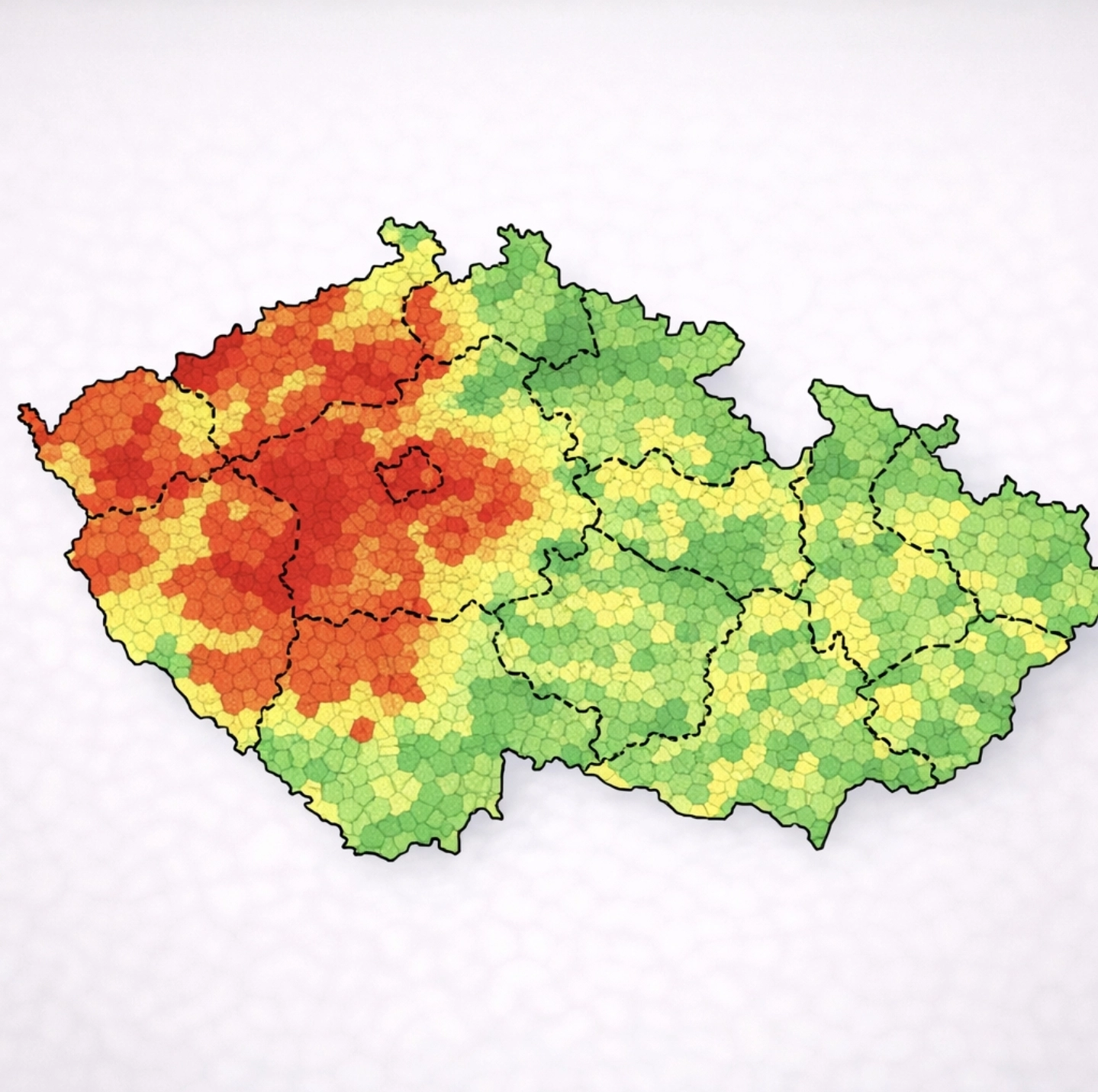 mapa České republiky, barevně zvýrazněné oblasti podle intenzity radonu