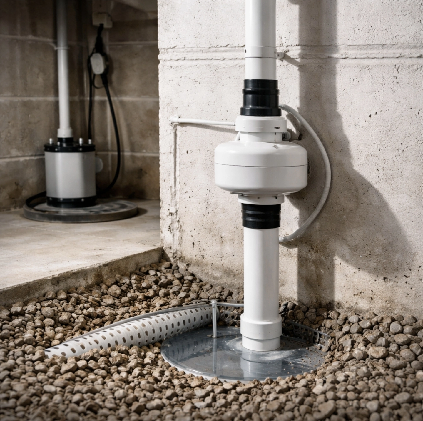 fotografie technického řešení domu, potrubí a&nbsp;ventilace odvádějící radon z&nbsp;podloží