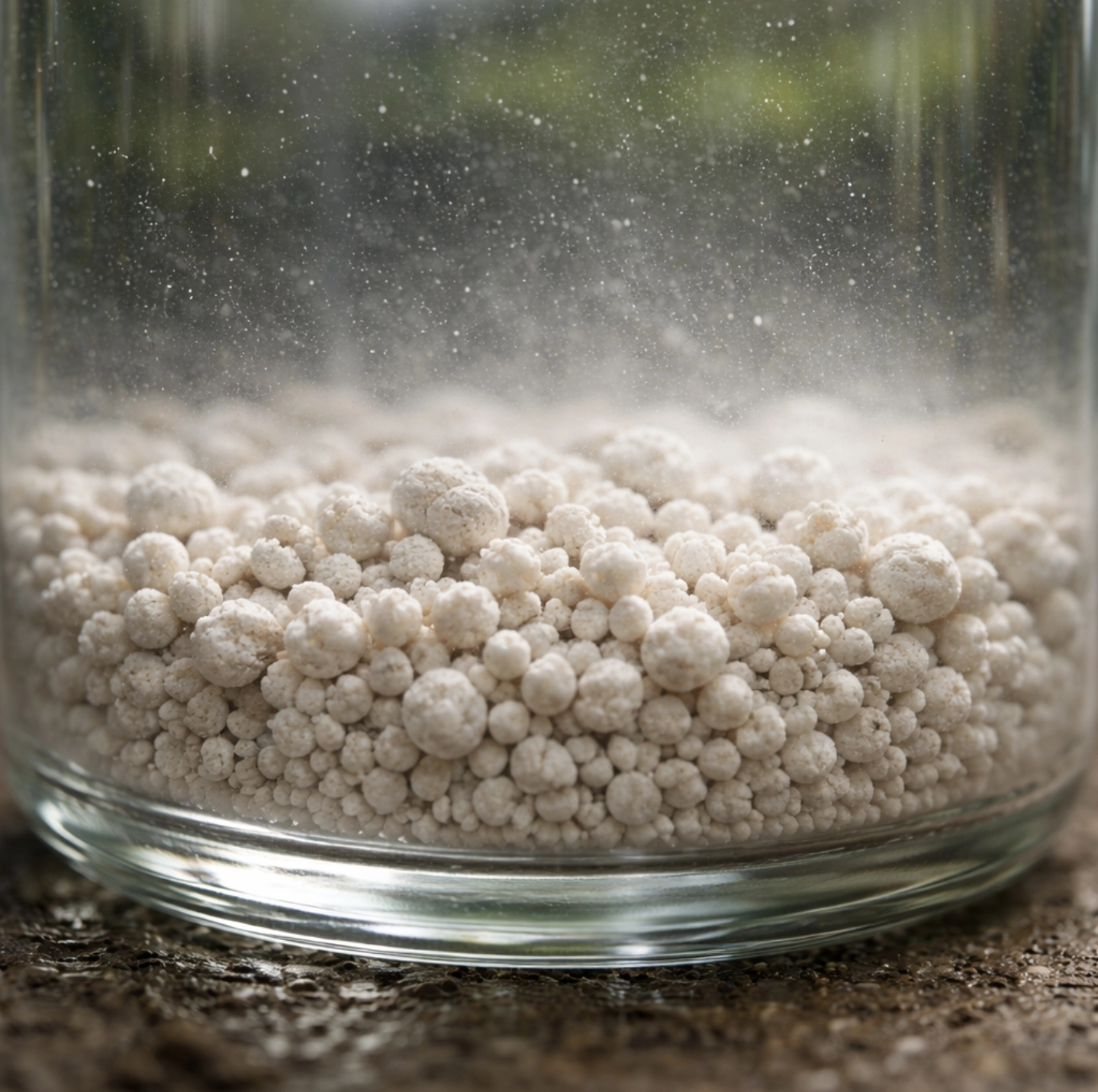 fotografie skleněné nádoby s&nbsp;vodou, na&nbsp;dně nerozpuštěné bílé granule Cereritu, lehce zakalená voda, detail struktury nerozpuštěných granulí
