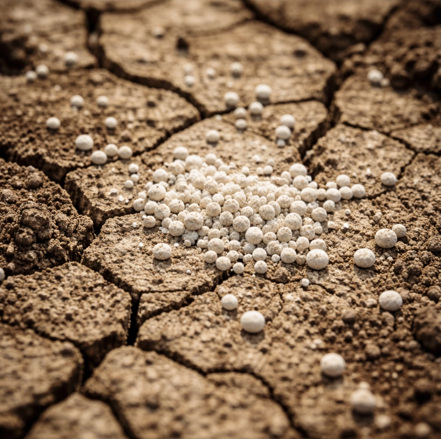 fotografie suché popraskané zahradní půdy, na&nbsp;povrchu jasně viditelné bílé granule Cereritu