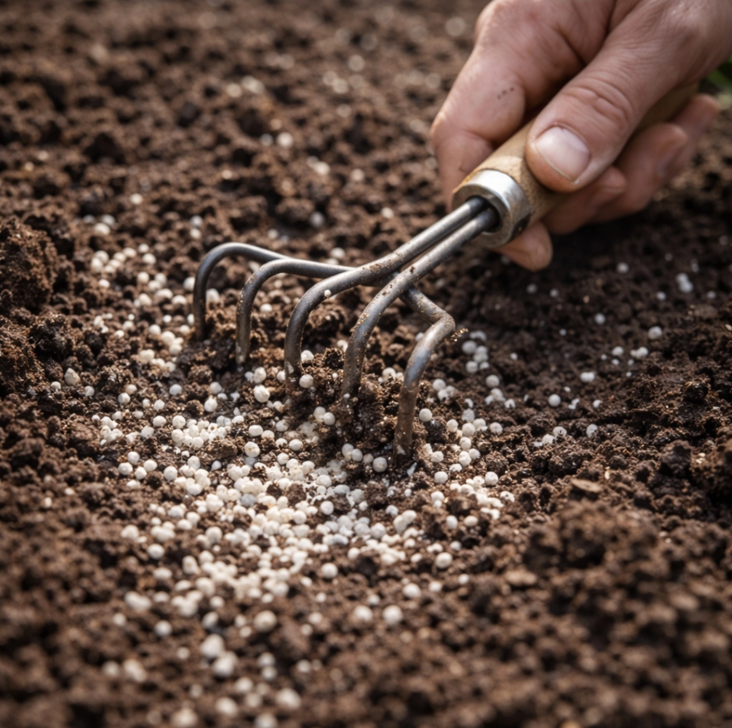fotografie ruky se&nbsp;zahradními hráběmi zapracovávající bílé granule Cereritu do&nbsp;tmavé vlhké půdy