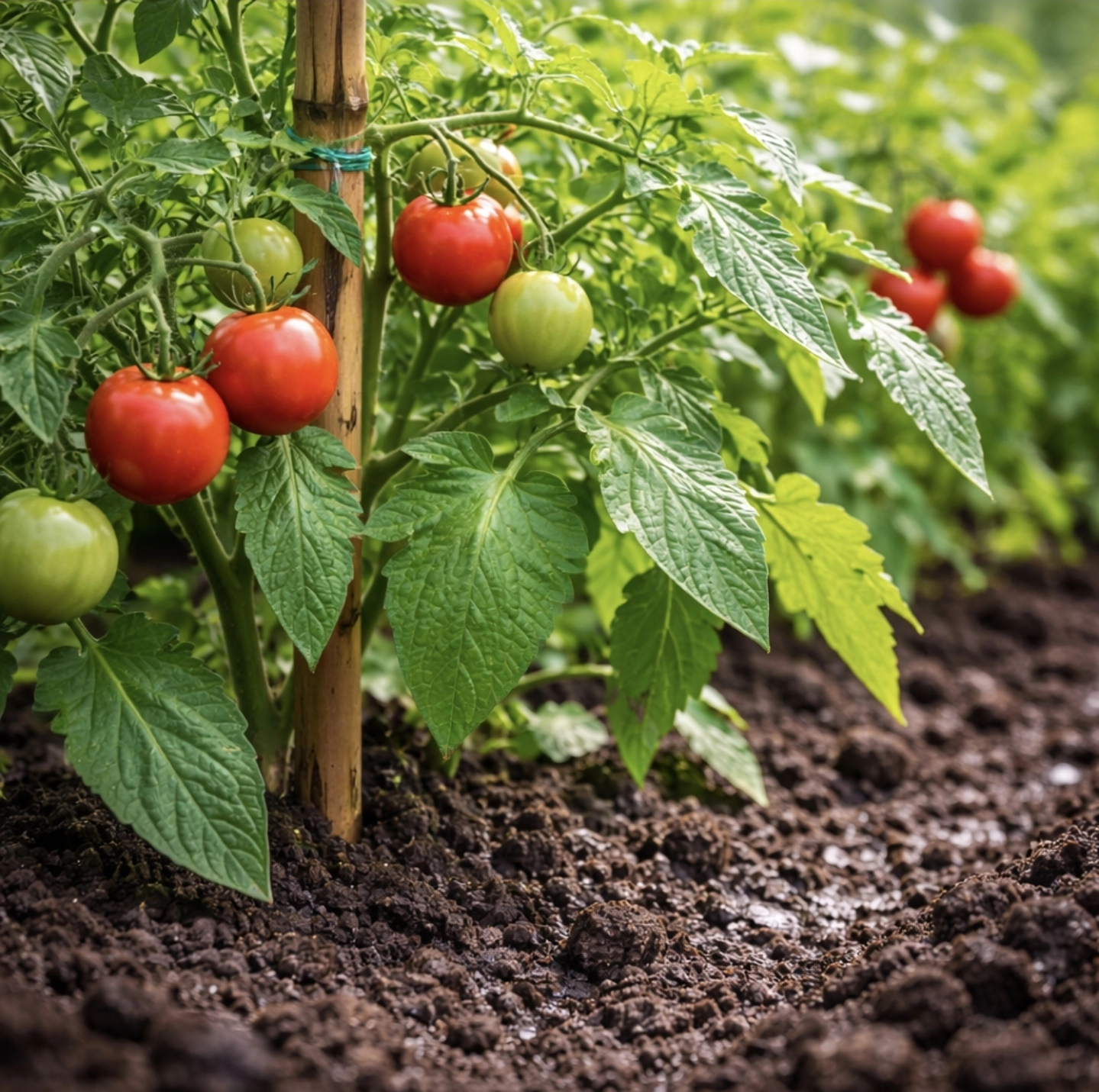fotografie záhonu s&nbsp;rajčaty, silné zelené listy, zdravý růst, tmavá vlhká půda