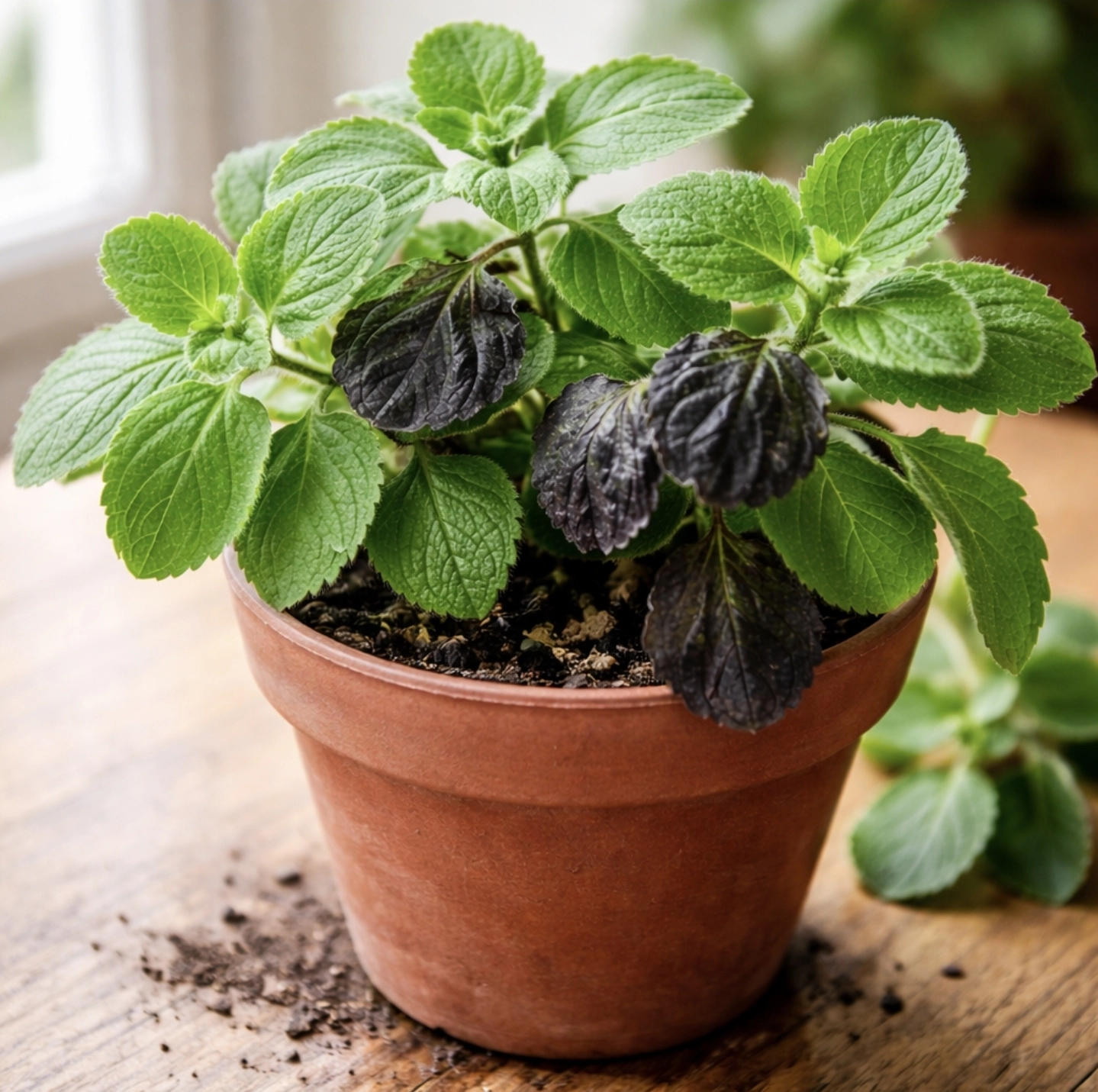 fotografie rýmovníku v&nbsp;květináči, část listů zdravá zelená, část tmavá až černá, lehce mokrá půda