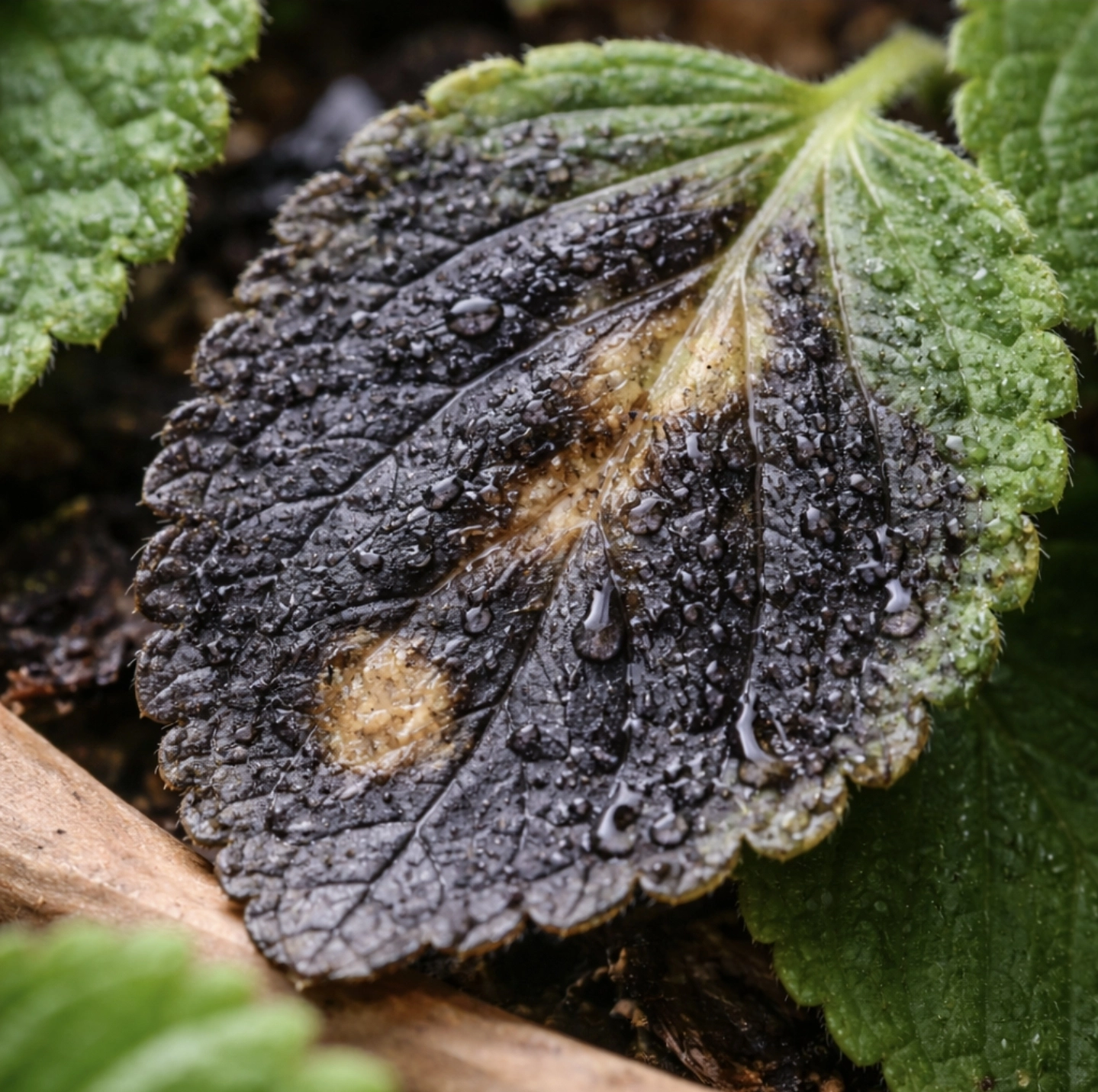 fotografie detailu černého měkkého listu rýmovníku s&nbsp;viditelnou degradací pletiva, lehce vlhký povrch