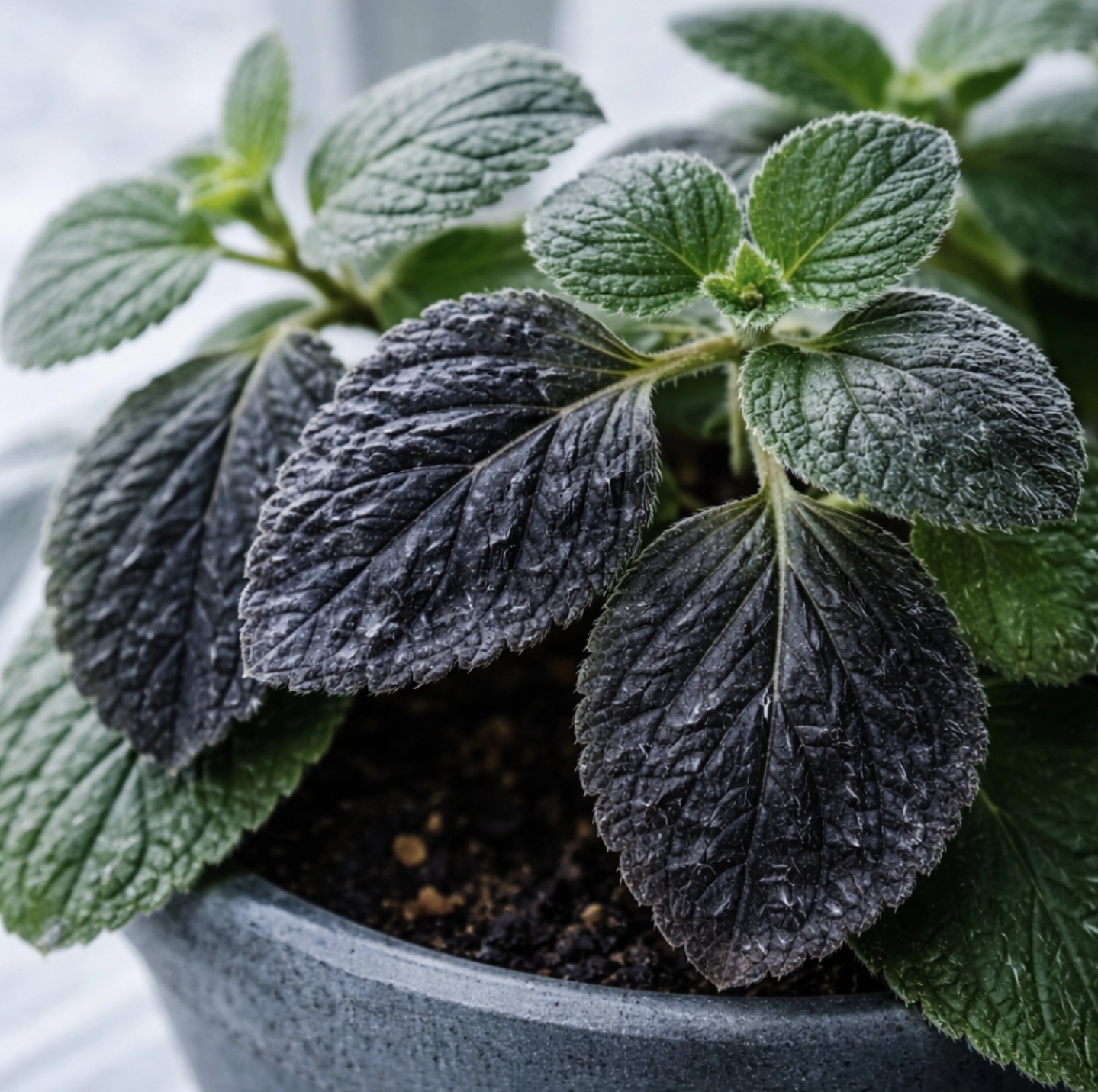 fotografie rýmovníku vystaveného chladu, listy tmavé až černé, pevné, lehce svraštělé