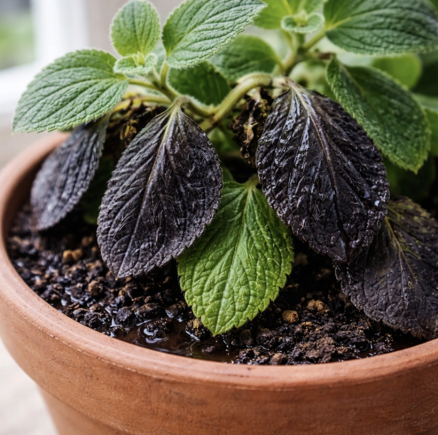 fotografie pokojové rostliny rýmovníku v&nbsp;květináči, listy tmavé až černé, povadlé, některé měkké a&nbsp;lesklé, půda viditelně mokrá