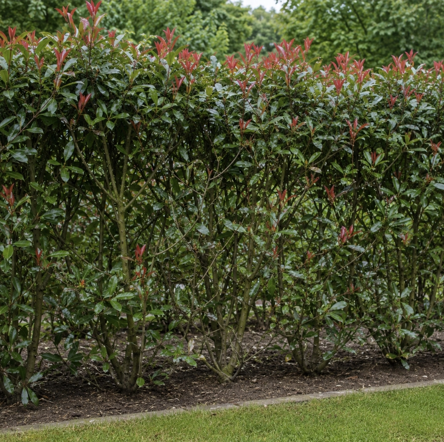 fotografie živého plotu z&nbsp;Photinia Red Robin po&nbsp;ozdravném prosvětlení, viditelný řidší vnitřek keře, čistá půda bez spadaného listí, několik čerstvých červených mladých výhonů na&nbsp;koncích větví