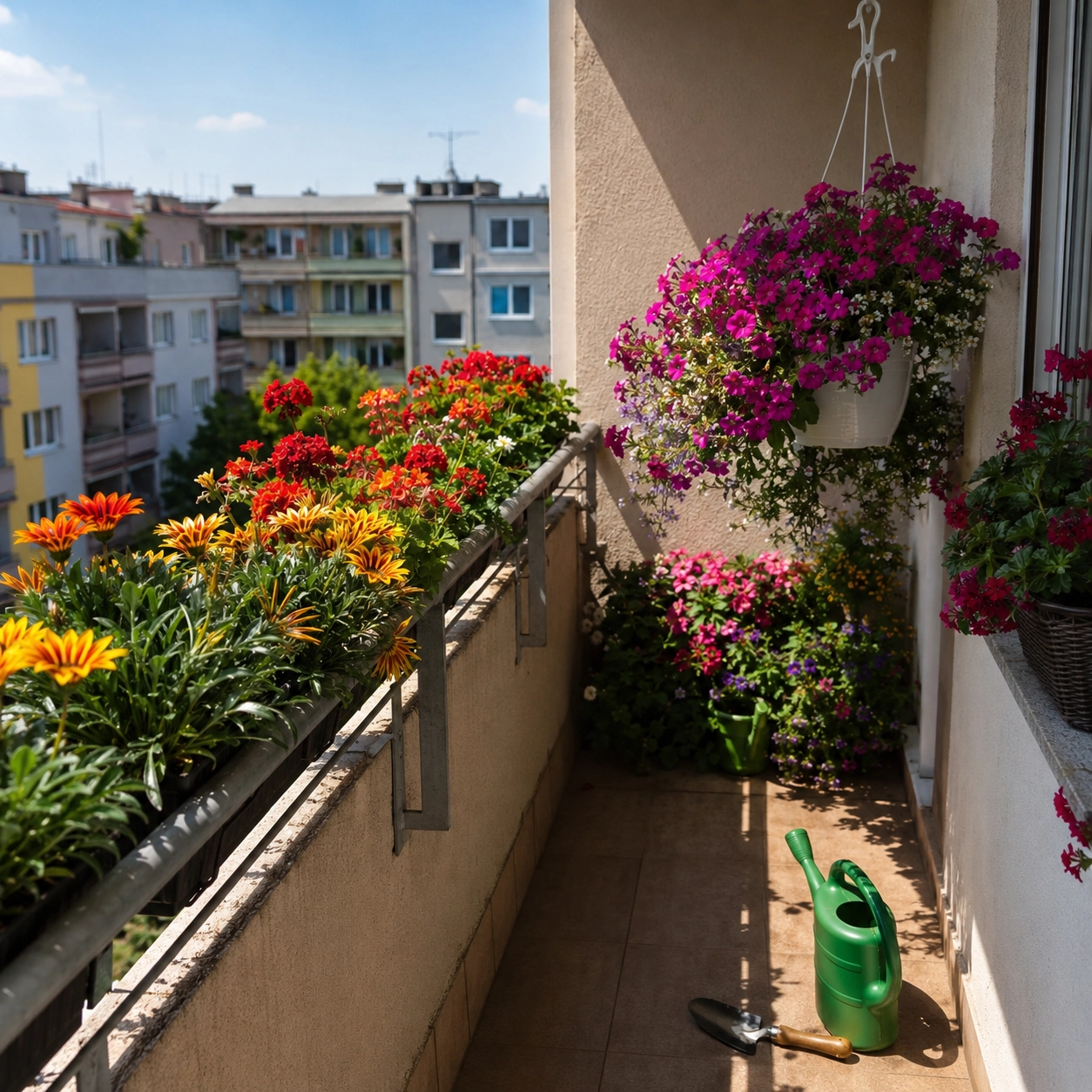 Slunný balkon rozdělený na&nbsp;horkou zónu s&nbsp;muškáty a&nbsp;chráněný kout s&nbsp;petúniemi a&nbsp;bakopou