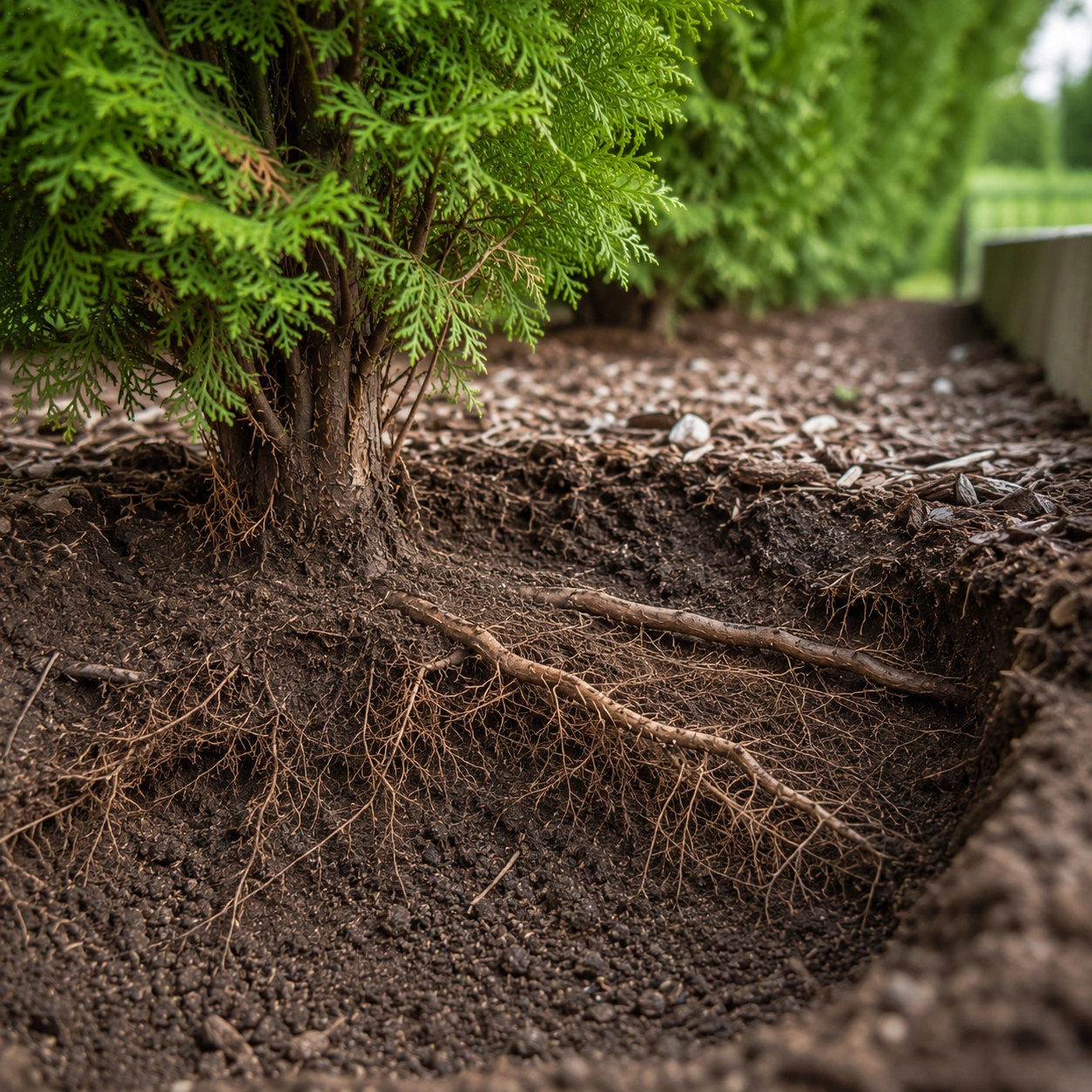 Detail odkrytých mělkých kořenů túje u&nbsp;živého plotu v&nbsp;české zahradě, které ukazují vláknitý kořenový systém rostoucí do&nbsp;stran.