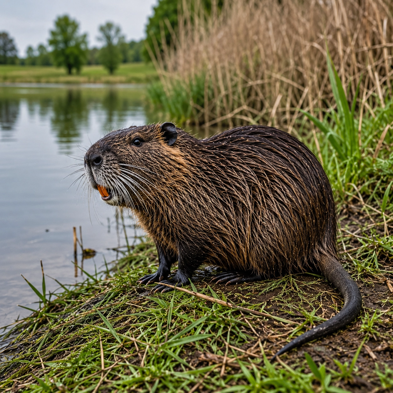 Nutrie říční na&nbsp;travnatém břehu rybníka s&nbsp;viditelnými oranžovými zuby, mokrou hnědou srstí, kulatým ocasem a&nbsp;rákosím v&nbsp;pozadí.