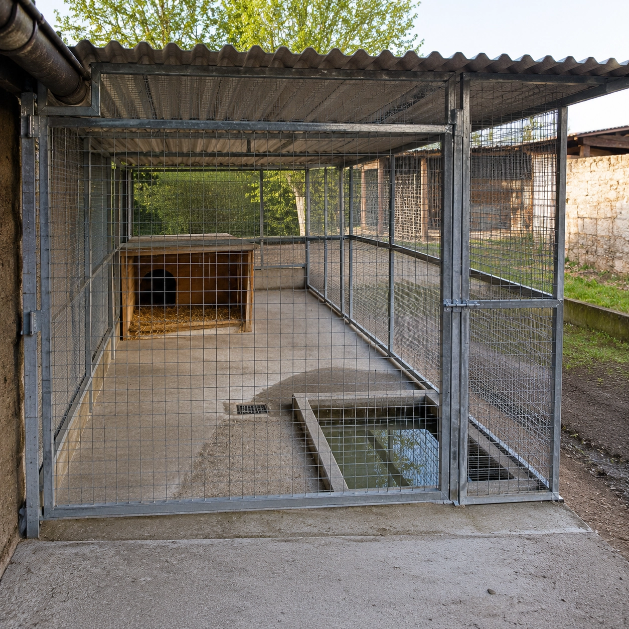 Bezpečné venkovní zařízení pro chov nutrií s&nbsp;pevným kovovým pletivem, betonovou omyvatelnou podlahou, suchou budkou se&nbsp;slámou a&nbsp;nádobou na&nbsp;vodu.