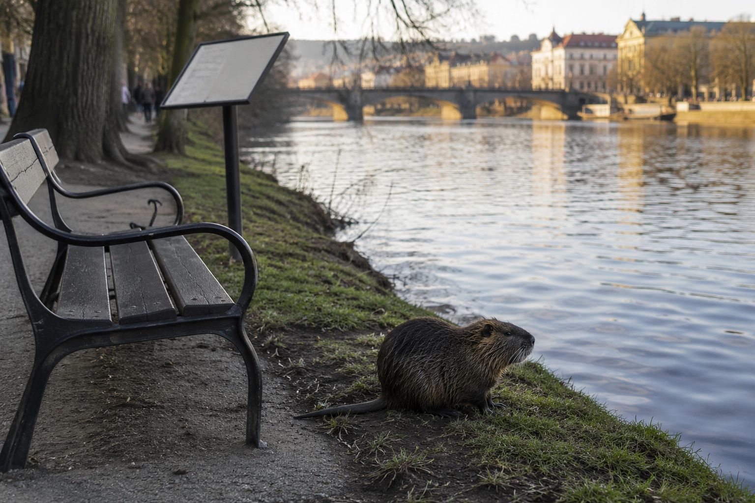 Nutrie na&nbsp;travnatém břehu městské řeky s&nbsp;lavičkou, informační cedulí, klidnou hladinou a&nbsp;rozostřeným městským parkem v&nbsp;pozadí.