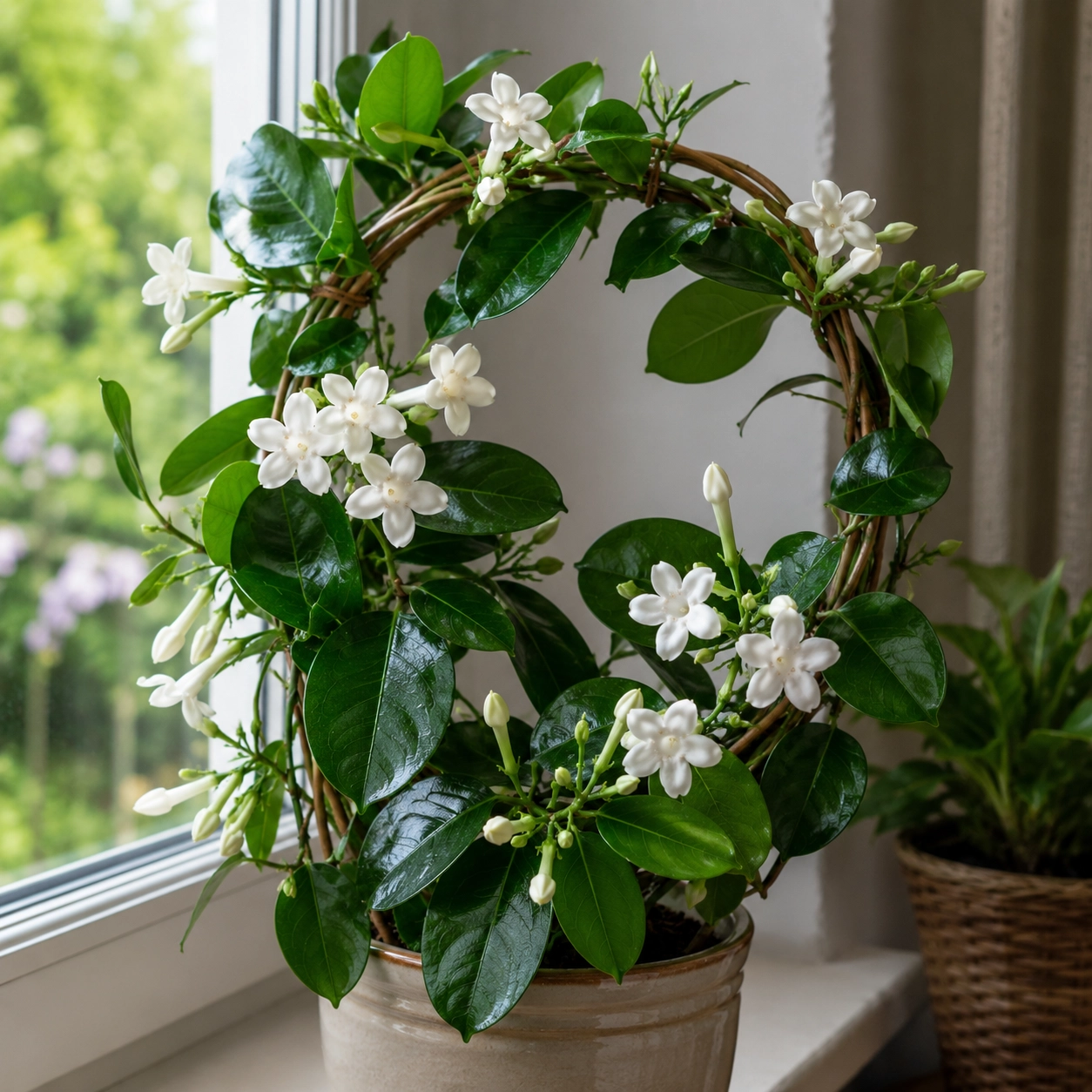 Stephanotis floribunda neboli věncovec květnatý v&nbsp;květináči na&nbsp;světlém parapetu s&nbsp;bílými vonnými květy a&nbsp;lesklými zelenými listy.