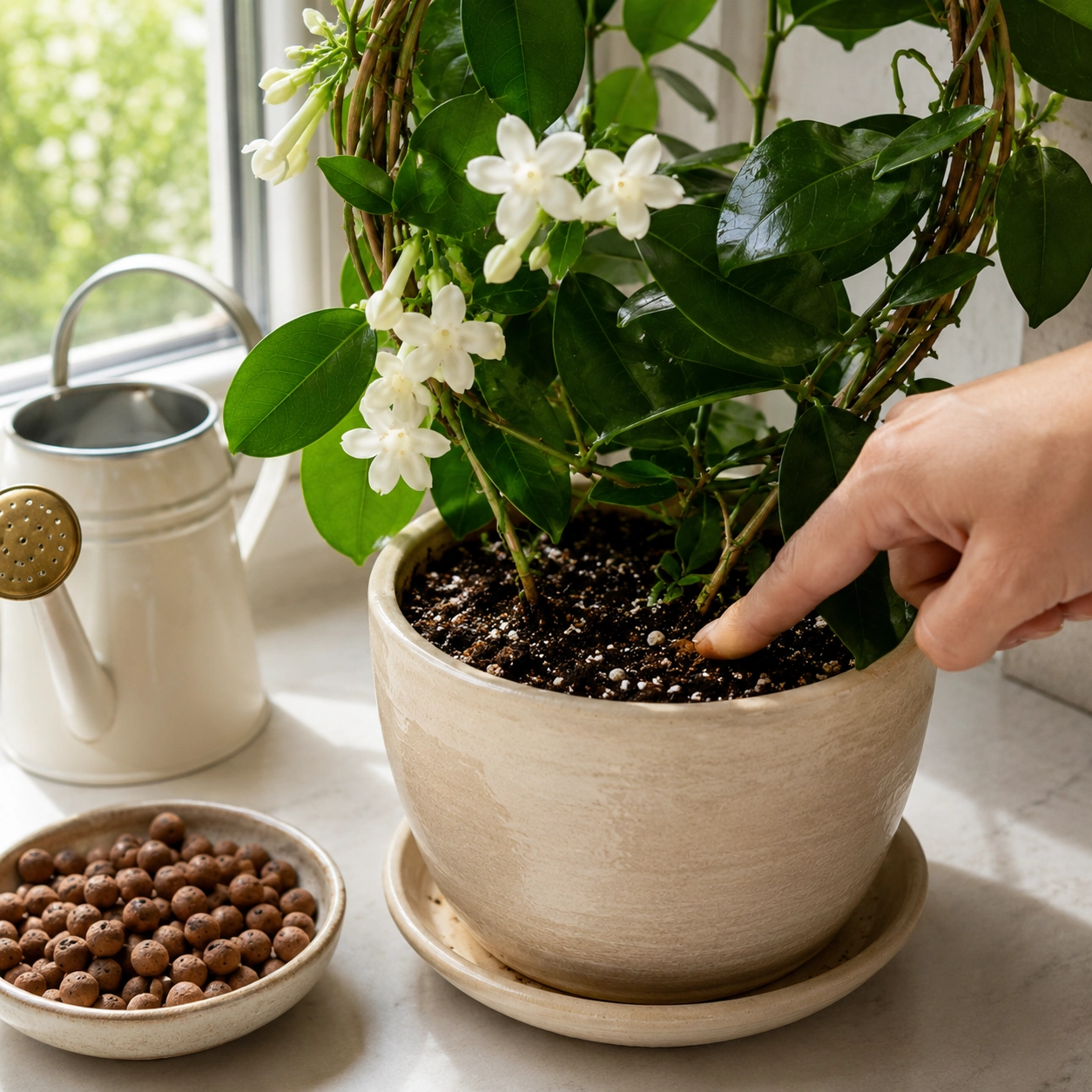 Kontrola vlhkosti substrátu u&nbsp;rostliny Stephanotis floribunda v&nbsp;květináči na&nbsp;světlém parapetu s&nbsp;konvičkou a&nbsp;keramzitem.