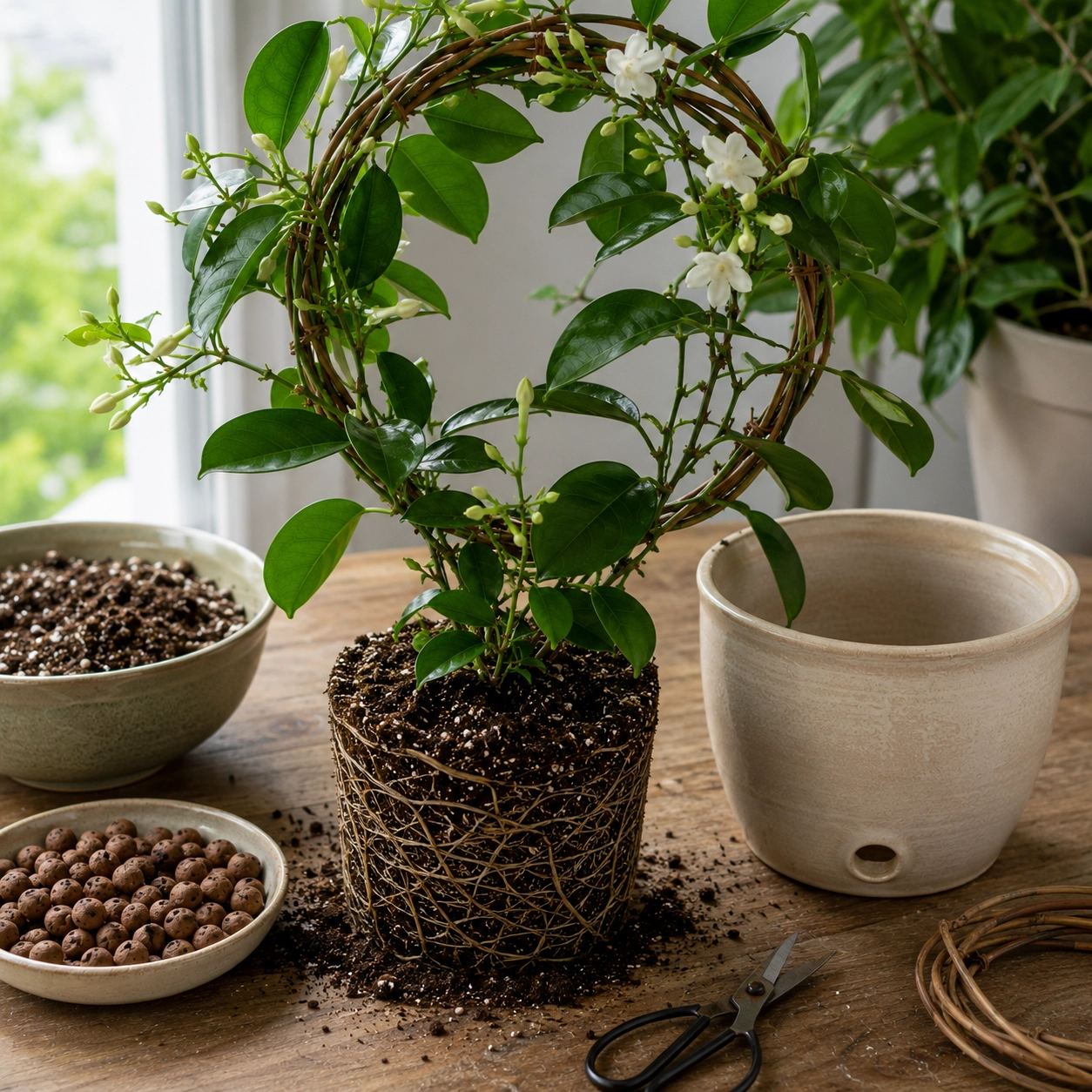 Přesazování rostliny Stephanotis floribunda s&nbsp;kořenovým balem, propustným substrátem, keramzitem a&nbsp;novým květináčem na&nbsp;pracovním stole.