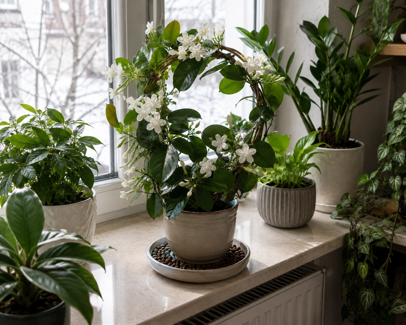 Stephanotis floribunda na&nbsp;světlém parapetu v&nbsp;bytě, obklopený dalšími pokojovými rostlinami, s&nbsp;miskou keramzitu pro vyšší vzdušnou vlhkost.